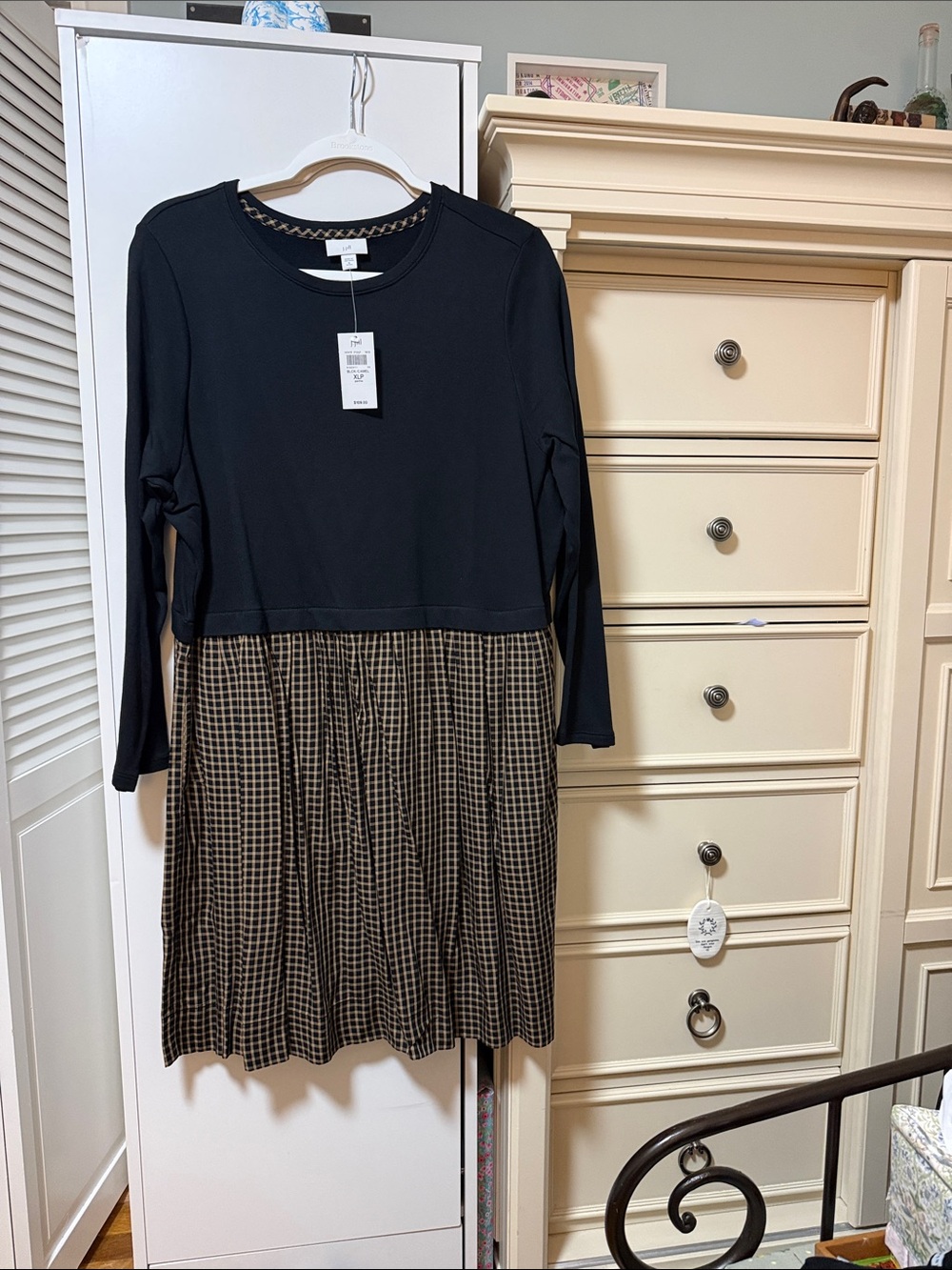 J. Jill Black with Brown Checked Skirt Long-Sleeve Dress